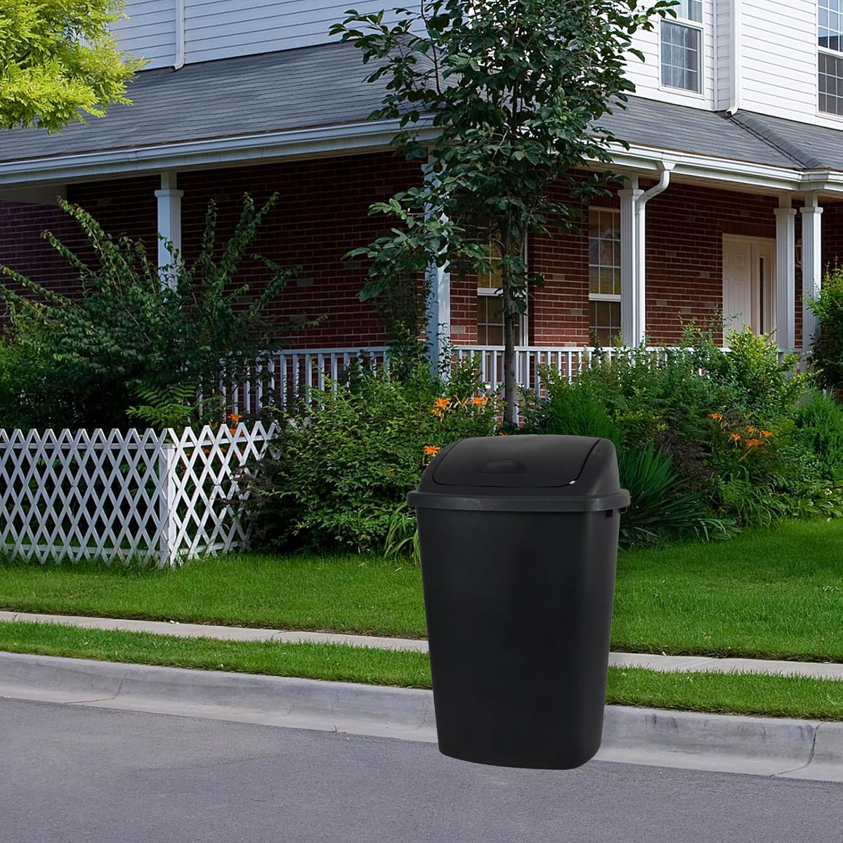 13 Gallon Garbage Can with Swing Lid, Plastic Kitchen Trash Can, 4 Pack, Black