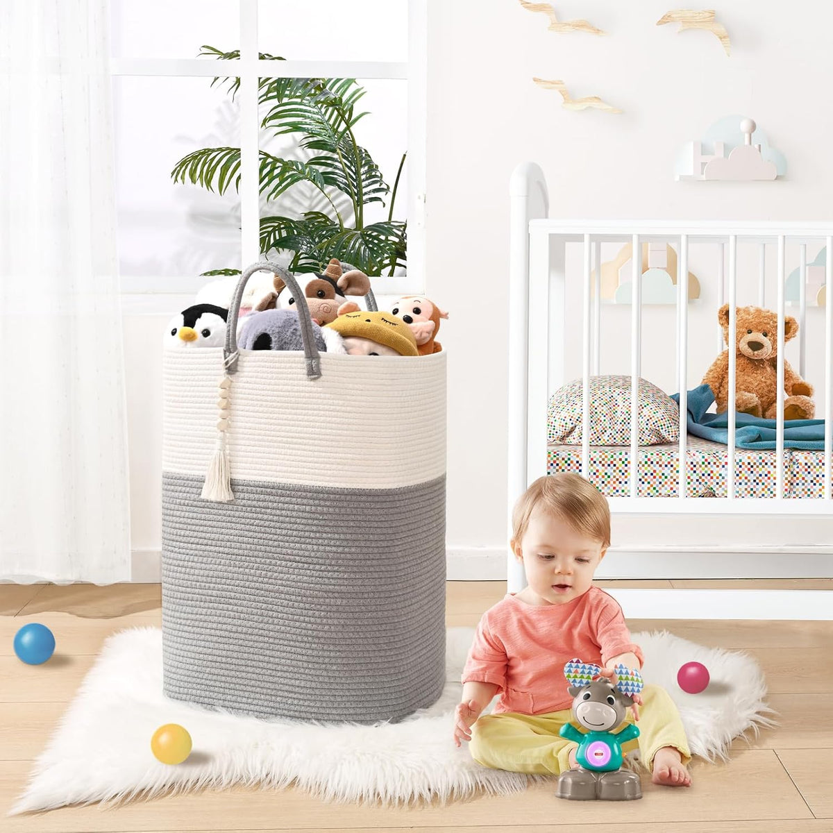 Woven Laundry Basket for Clothes, 100L Large Rectangle Laundry Hampers with Beads Tassel, Nursery