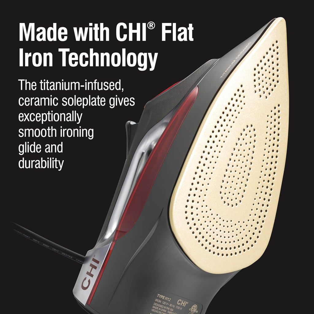 CHI Steam Iron for Clothes with 8’ Retractable Cord, 1700 Watts, 3-Way Auto Shutoff, 400+ Holes