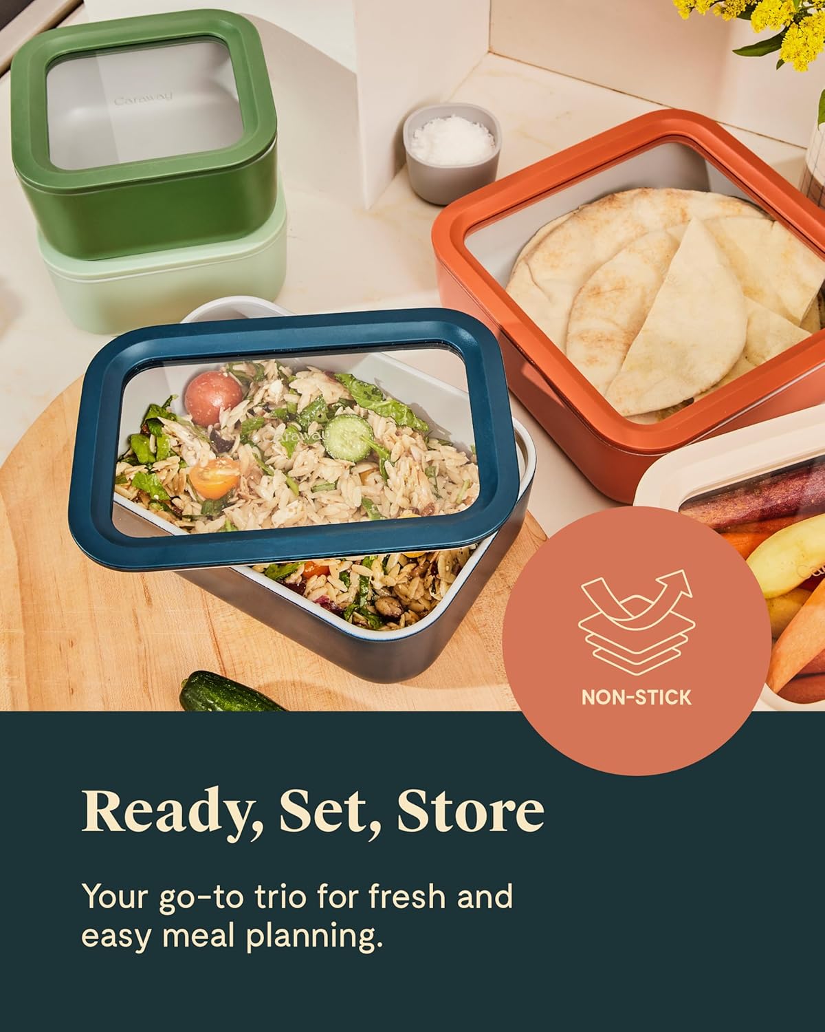 Caraway 3pc Glass Food Storage Set – 10 Cup, 6.6 Cup, & 4.4 Cup Food Containers - Ceramic Coated