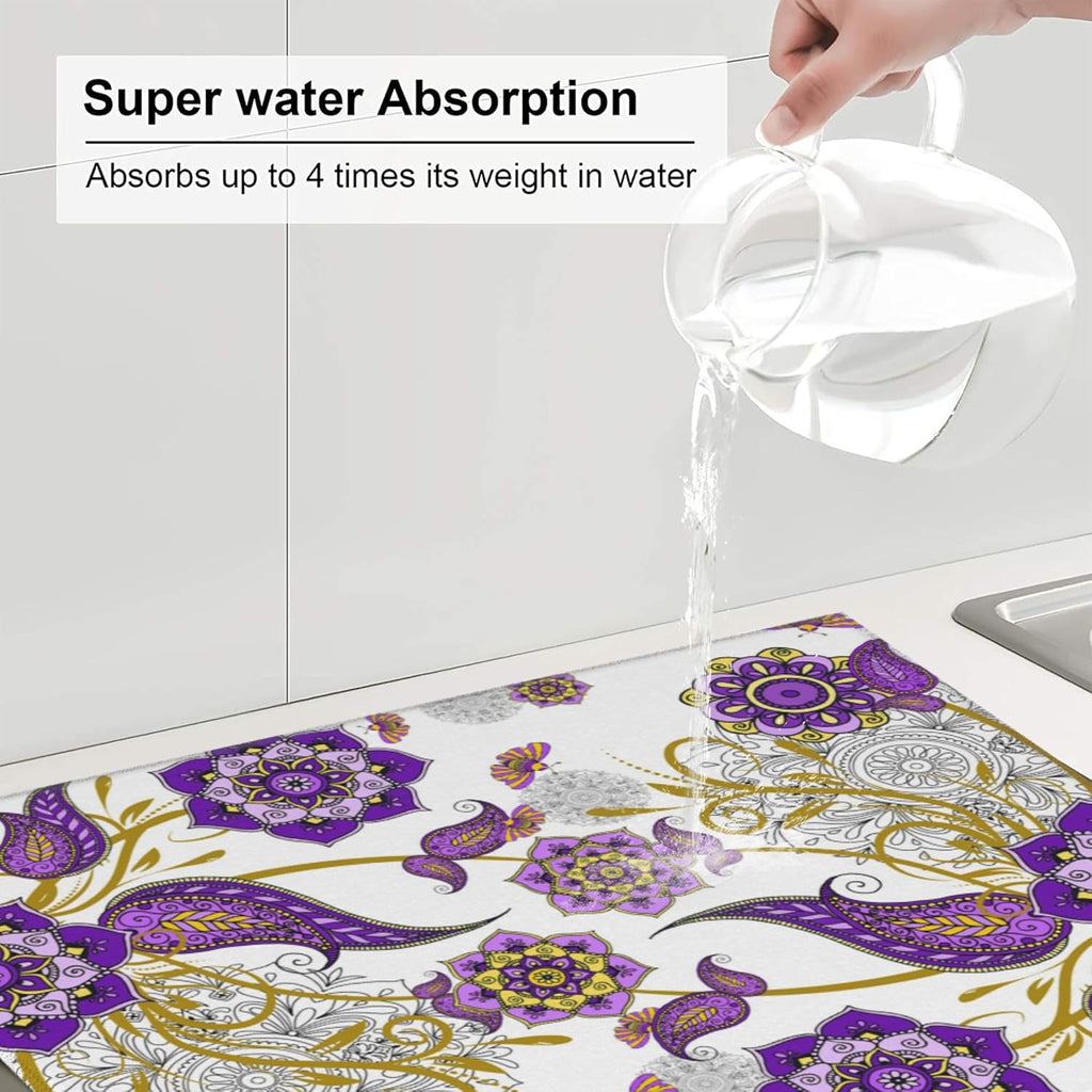 Boho Floral Dish Drying Mat for Kitchen Counter Washable Absorbent Reversible Microfiber Purple