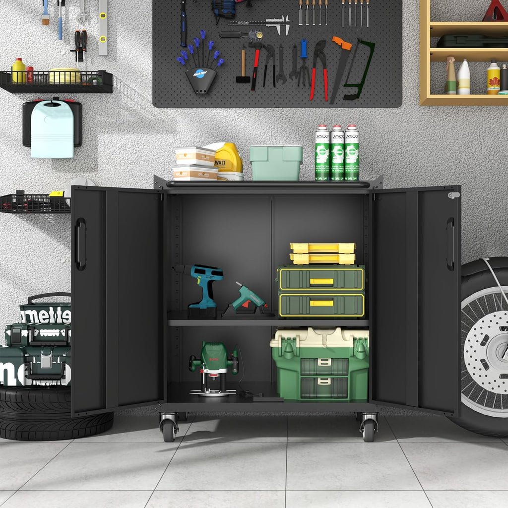 Metal Storage Cabinet with Wheels, Lockable Garage Cabinet with Doors and Shelves, Rolling Tool