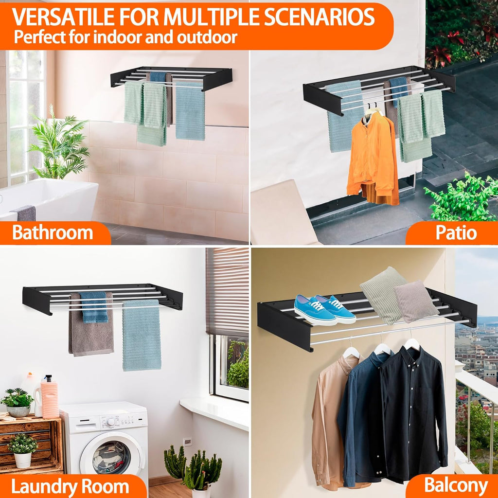 FOCHIER F Laundry Drying Rack Wall Mounted Clothes Drying Rack Collapsible with 5 Aluminum Rods and