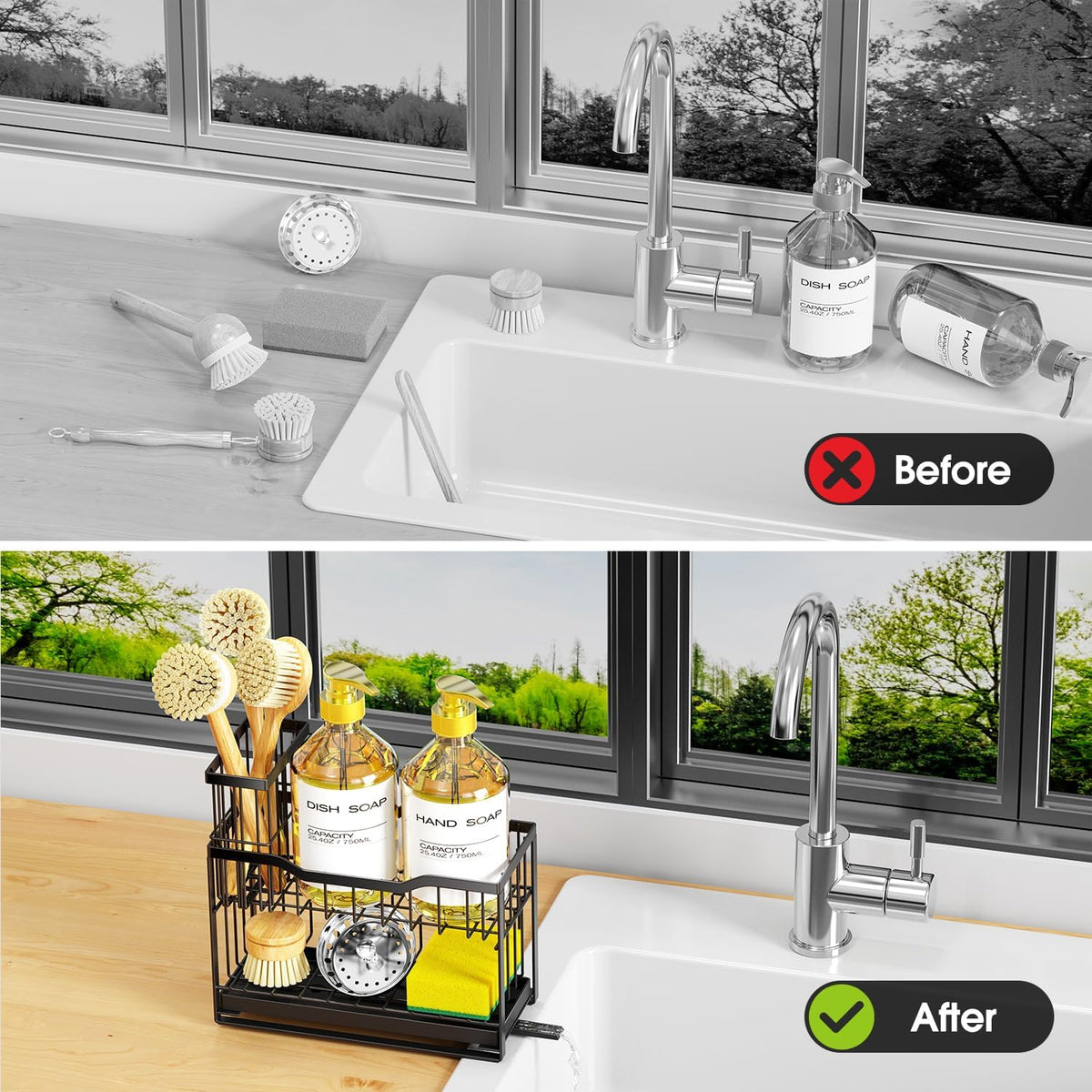 2-Tier Kitchen Sink Caddy with High Brush Holder&Self-Draining Tray,Rustproof&Non-Slip Sink Sponge