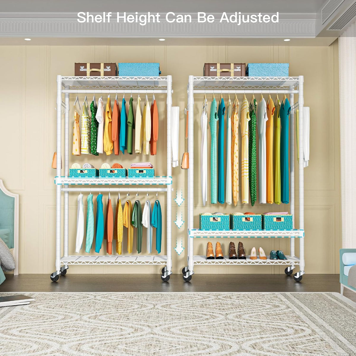 FUTASSI P1 Heavy Duty Garment Rack, 3 Tiers Adjustable Rolling Metal Closet Organizer with Lockable