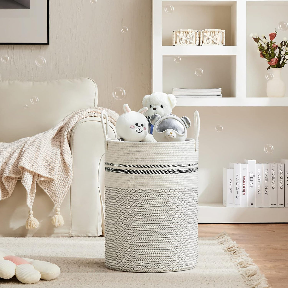 VIPOSCO Large Laundry Hamper, Tall Woven Rope Storage Basket for Blanket, Toys, Dirty Clothes in