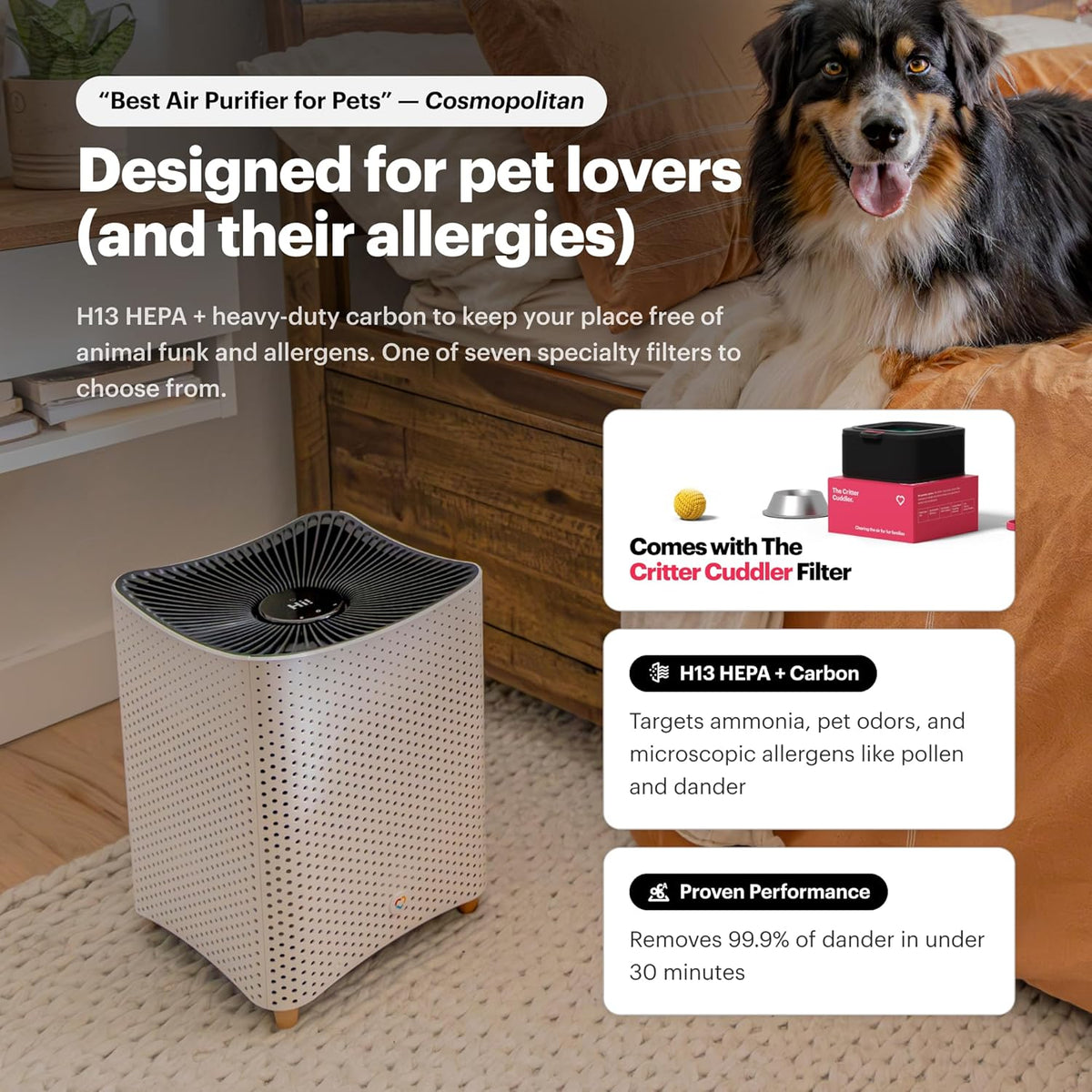 Mila Air 3 Smart Home Air Purifier with Critter Cuddler H13 HEPA & Carbon Replacement Filter
