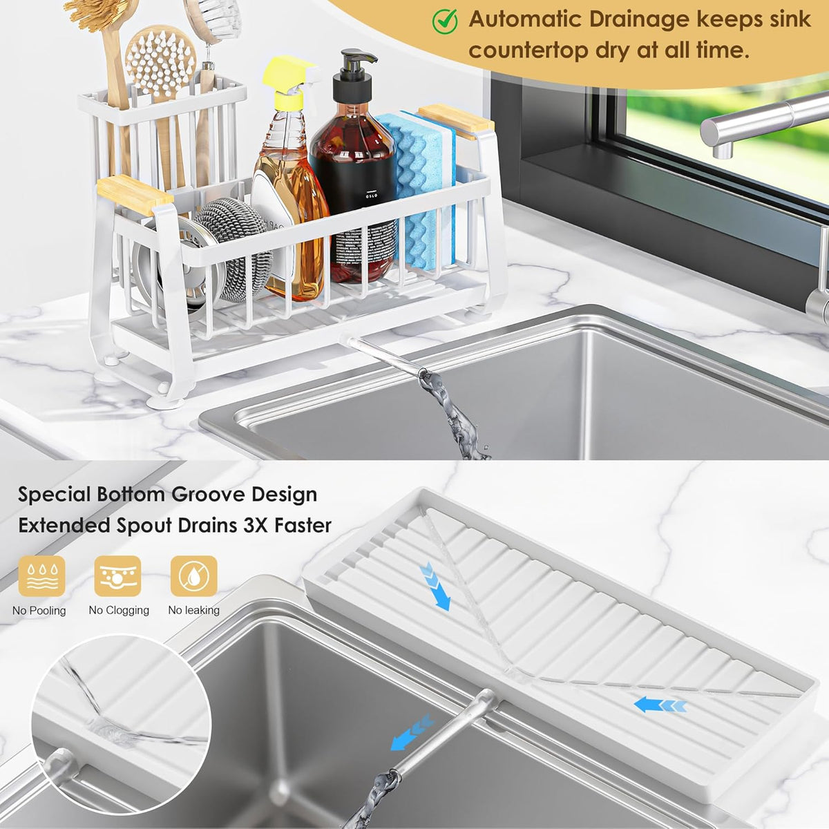 Doasuwish Kitchen Sink Caddy with High Brush Holder,Self-Draining kitchen Countertop