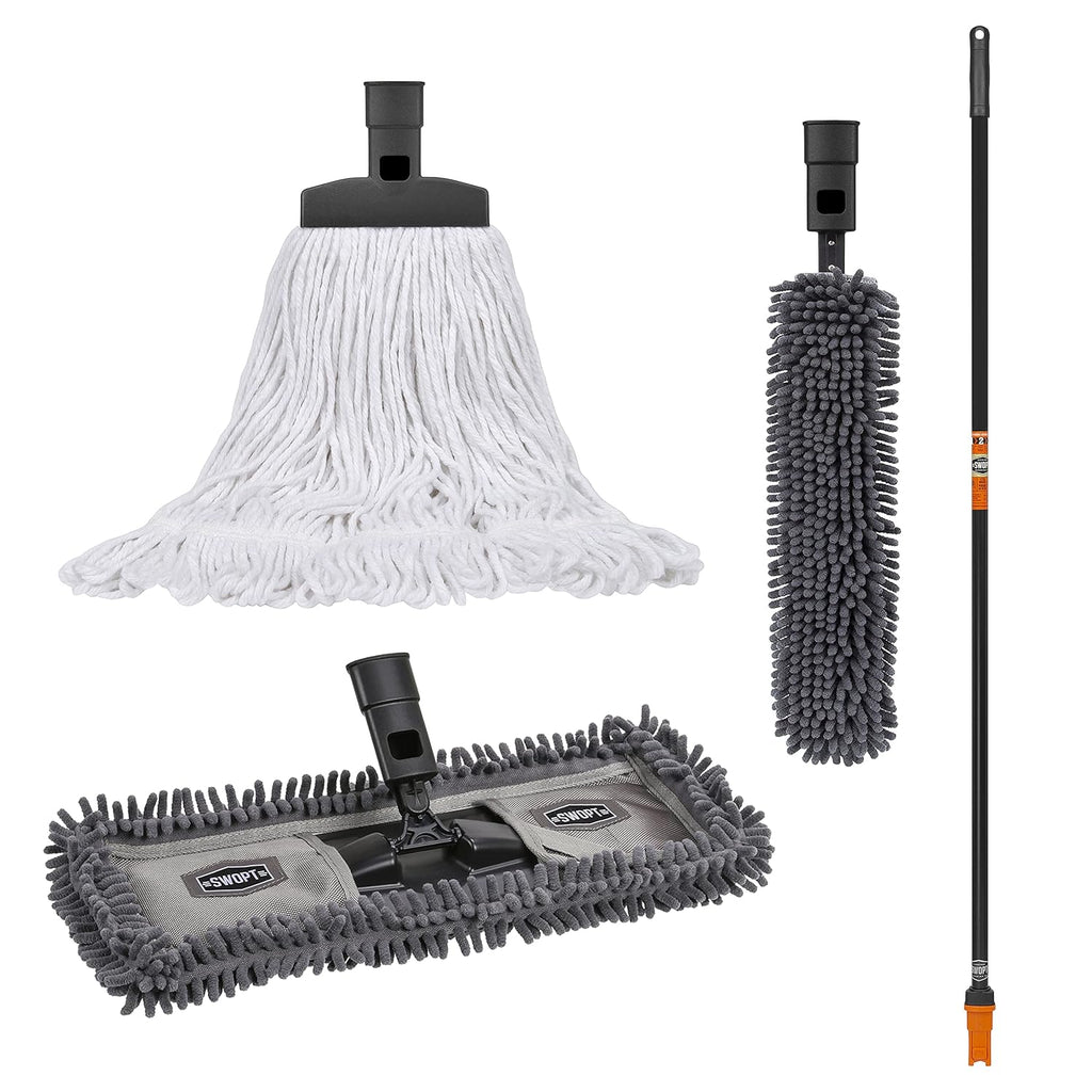 SWOPT 18” Microfiber Dust Mop, Microfiber Flexible Duster, Cotton Mop + 60" Steel Handle, Combo