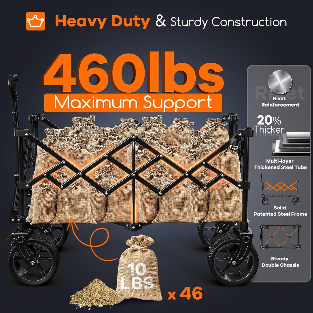 38"L Collapsible Wagon Cart Foldable, 460lbs Weight Capacity 220L Heavy Duty Folding Beach Wagons