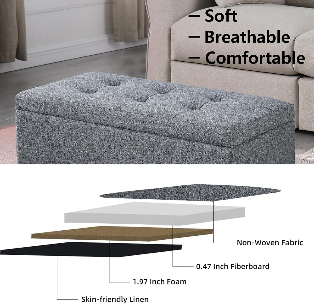 Storage Ottoman Bench with 2.56-inch Thick Seat, 31.5 inch Nesting Ottoman Set of 2, Hinged Flip