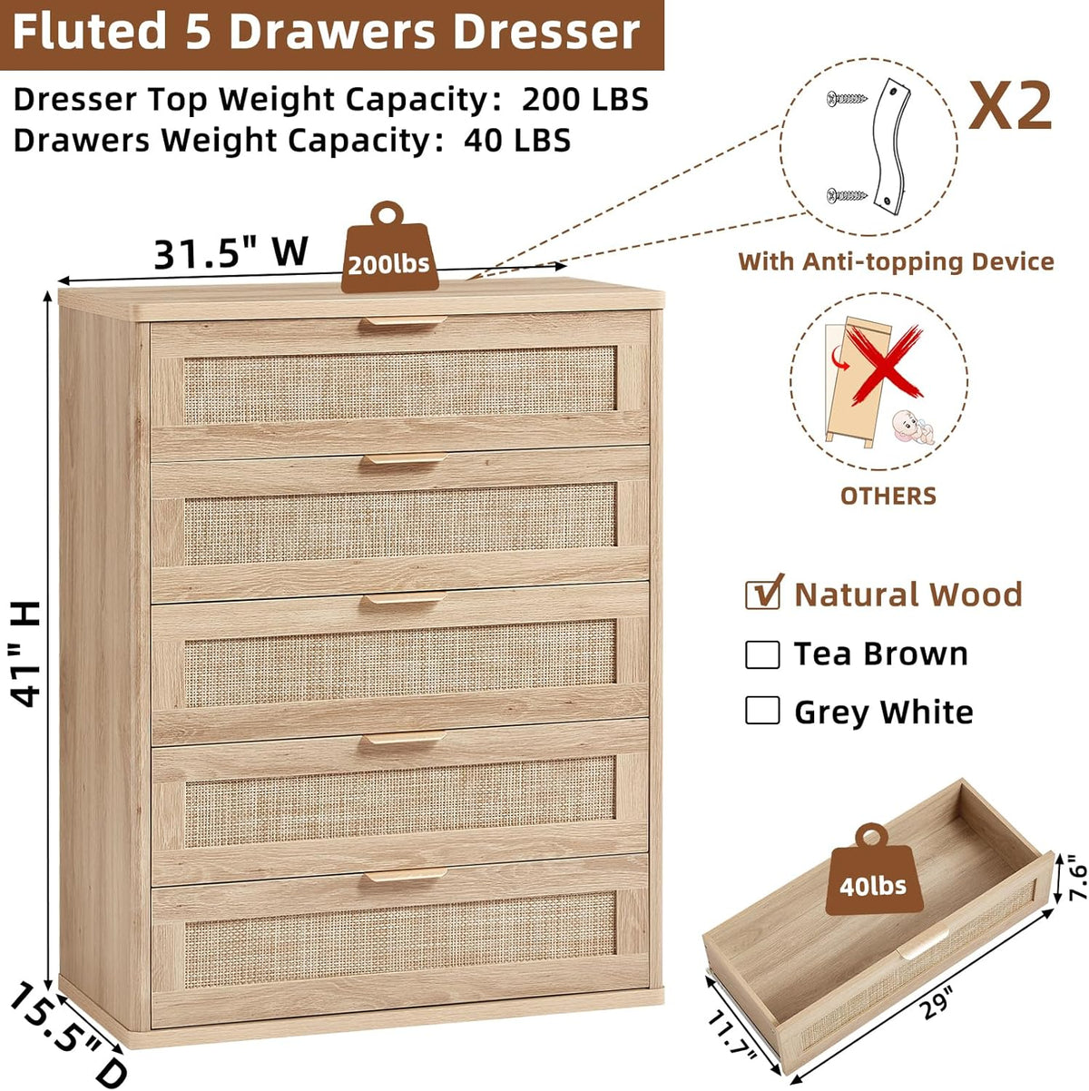 LEYAOYAO Rattan Dresser for Bedroom Set 2, 41" Tall Chest of Drawers, Modern 5 Drawers Boho