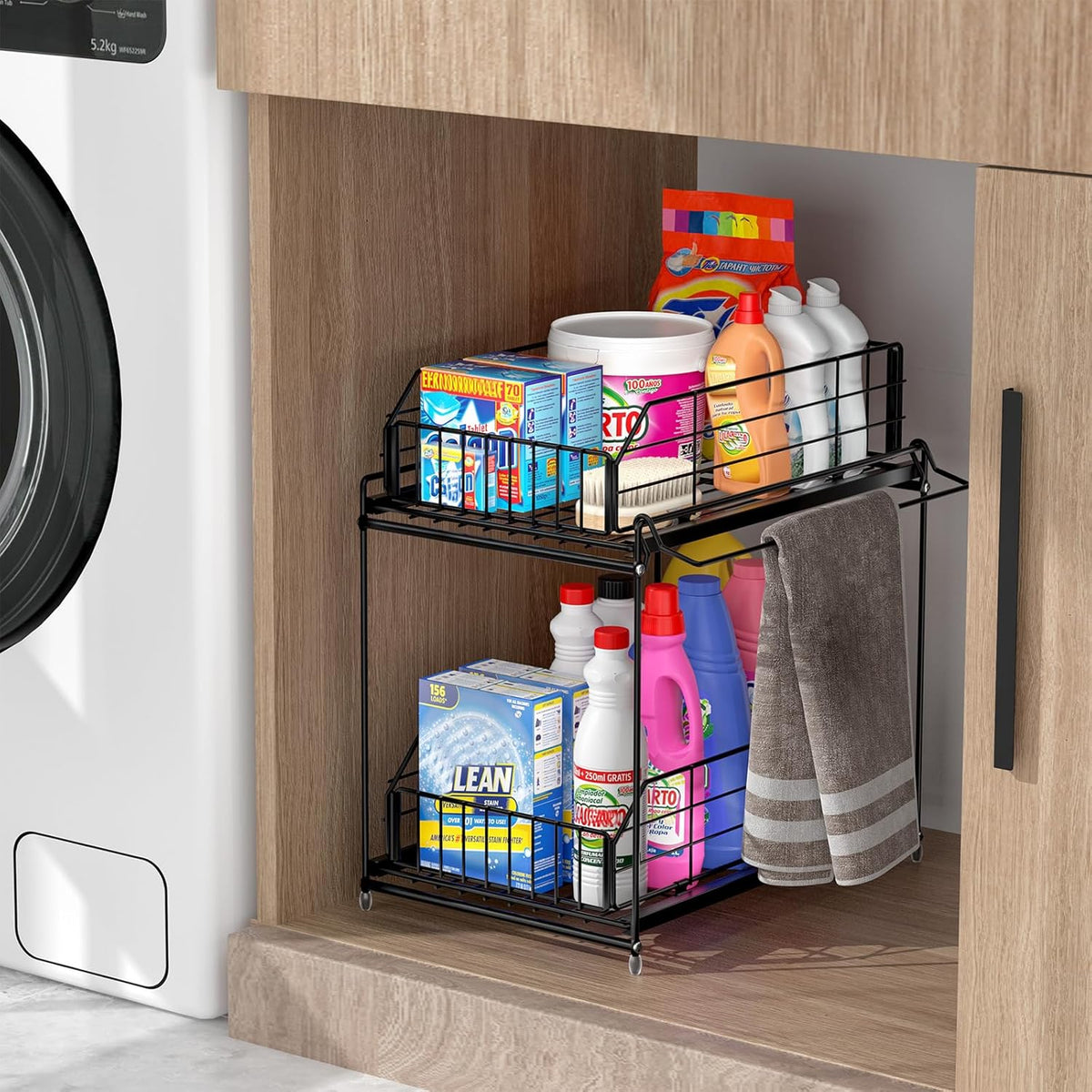SUEH DESIGN Under Sink Organizers and Storage, 2 Tier Metal Under Sink Storage with Hanging Rail