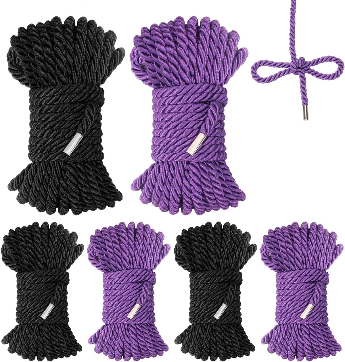 6 PCS Silk Rope Set - 32 Feet Long Nylon Proof Rope Cord and Soft Braided Ropes Black & Purple