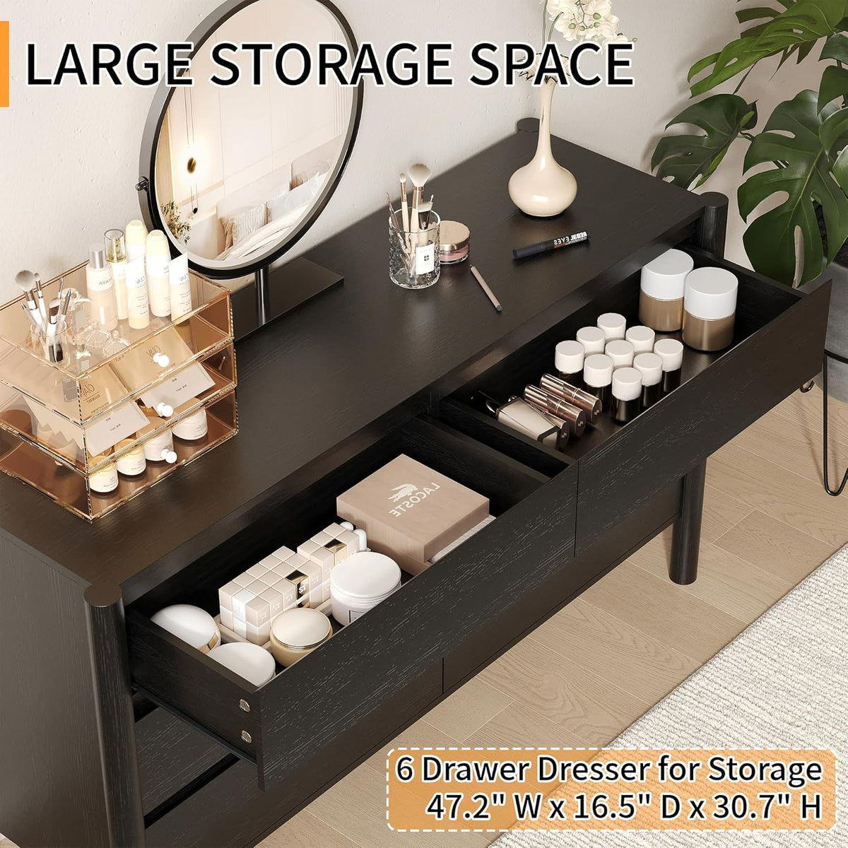 Dresser for Bedroom with 6 Drawers,47" Wide Oak Dresser with 4 Solid Wood Legs, Wooden TV