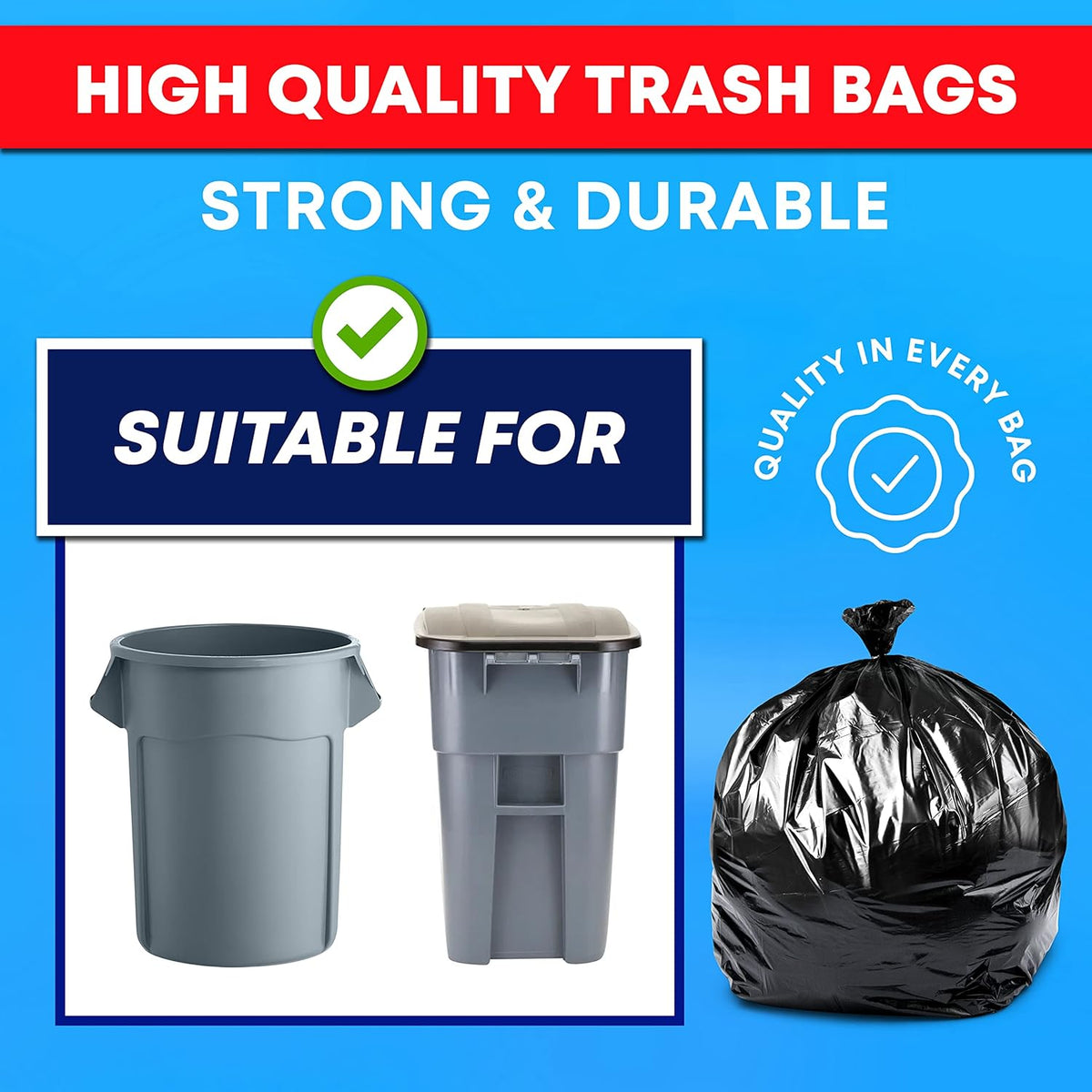 Tasker 45 Gallon Trash Bags, (Value-Pack 100 Bags w/Ties) Extra Large Black Garbage Bags - 39