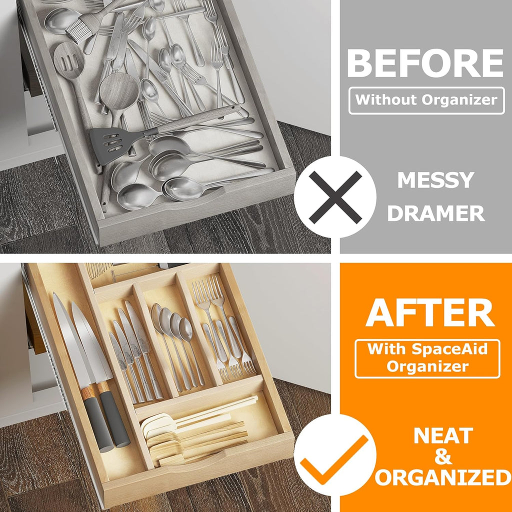 WelFurGeer Premium Wooden Silverware Organizer for Kitchen Drawers, Utensil Tray for Kitchen