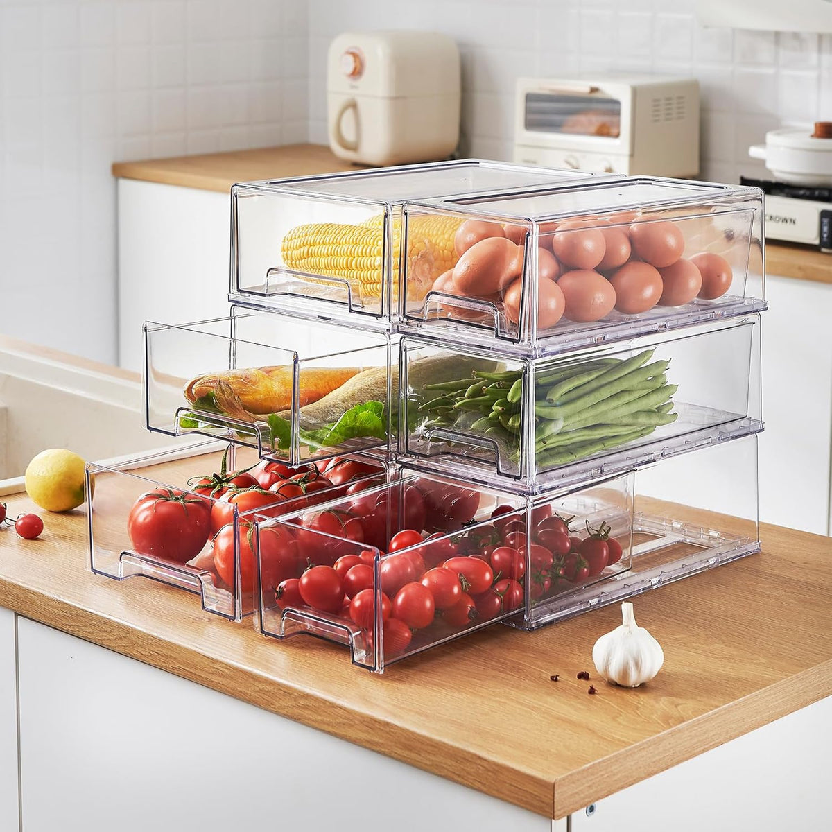 PeJeyiee 6 Pack Clear Stackable Refrigerator Organizers and Storage Drawers - Pull-Out Fridge Bins