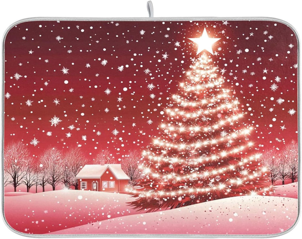 Christmas Tree Red Dish Drying Mat for Kitchen Countertop 16x18 Winter Snow Cabin Xmas Small Drying