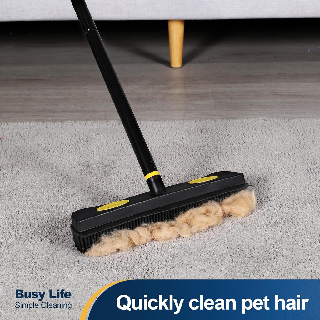 Yocada Pet Hair Removal Rubber Broom 2 in 1 Floor Brush with Squeegee Carpet Rake 57.5" Long Handle