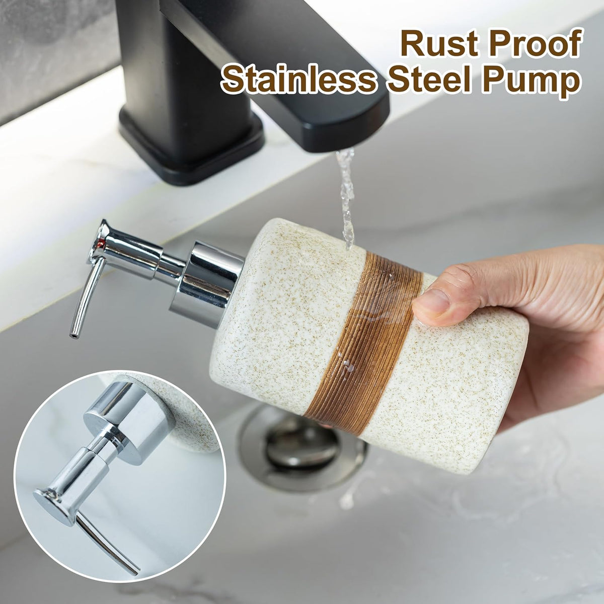 2-Pack Ceramic Soap Dispensers Set, Includes Stainless Steel Pump, Silicone Funnel and Diatomaceous