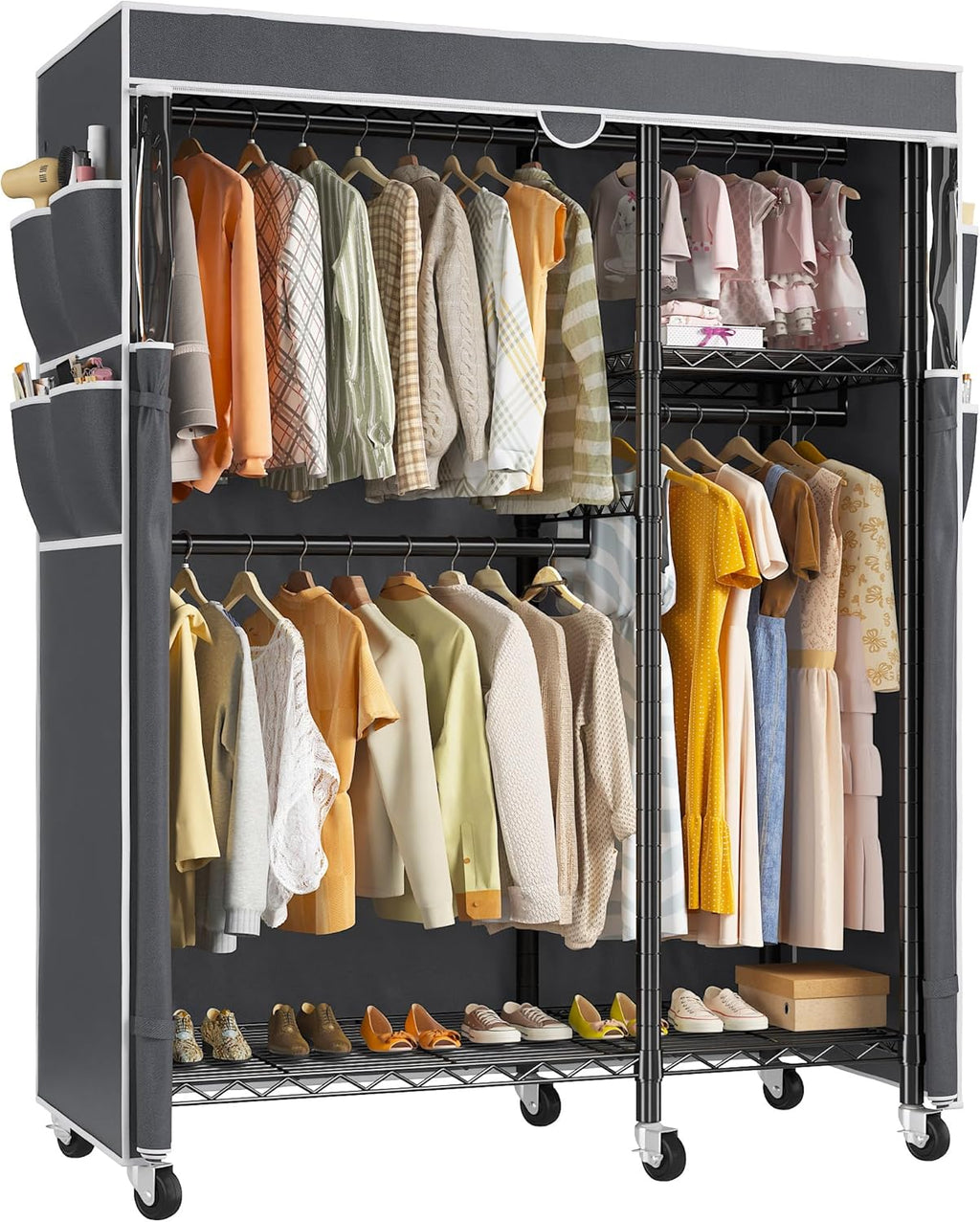 Raybee Clothes Rack with Cover,Clothing Racks for Hanging Clothes with Wheels and Adjustable