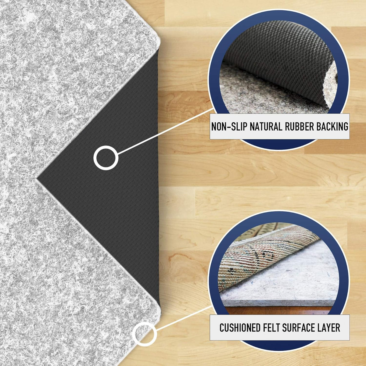 RUGPADUSA - Dual Surface - 5'x8' - 1/4" Thick - Felt + Rubber - Non-Slip Backing Rug Pad - Safe for