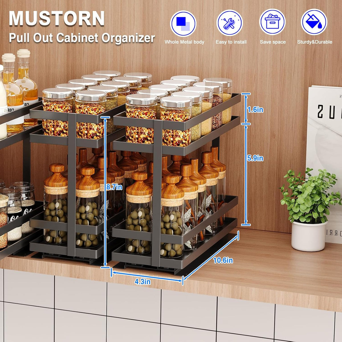 Pull Out Spice Rack Organizer for Cabinet, 2 Tier Metal Slide Out Seasoning Organizer and Storage