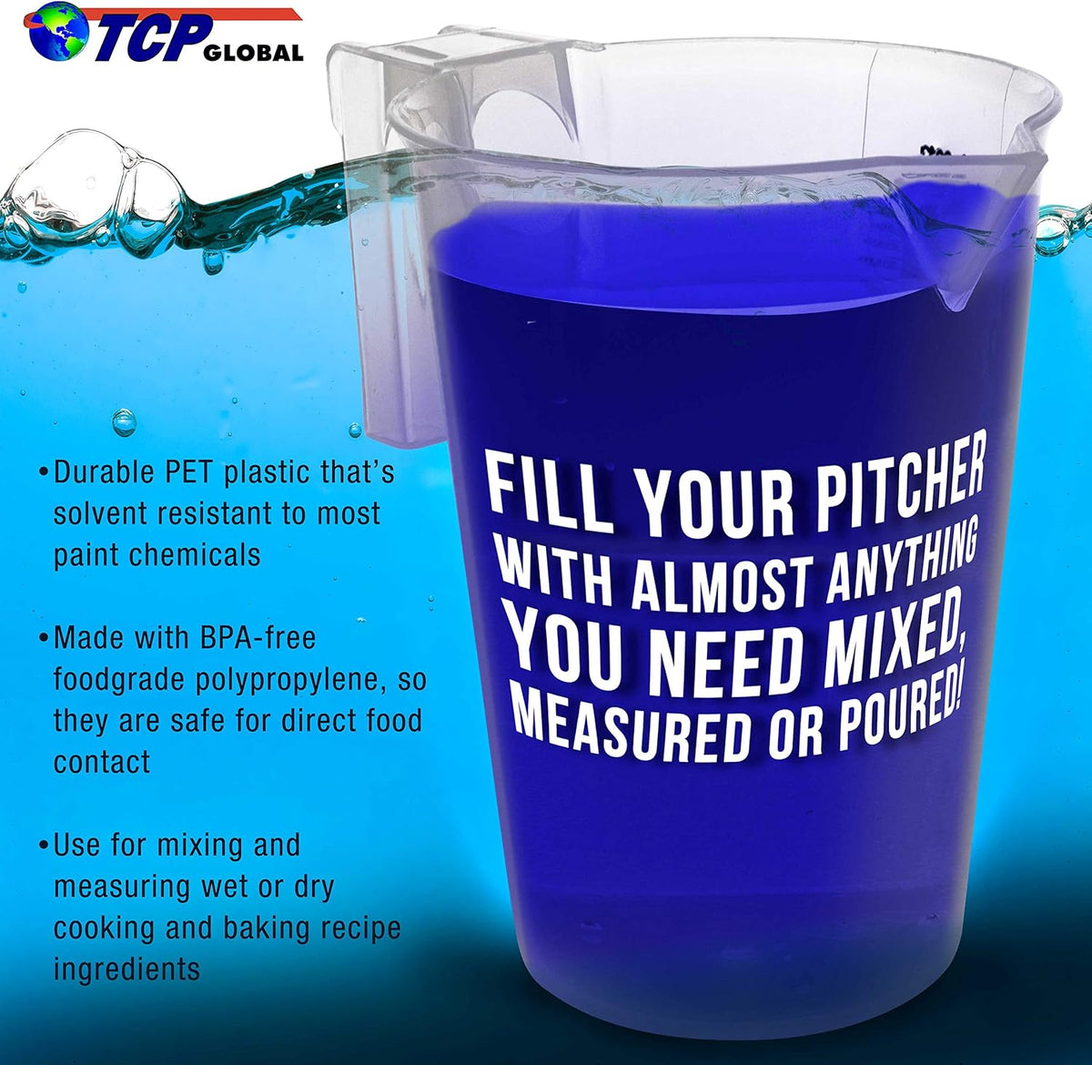 TCP Global 2 Liter (2000ml) Plastic Graduated Measuring and Mixing Pitcher (Pack of 4) - Holds Over