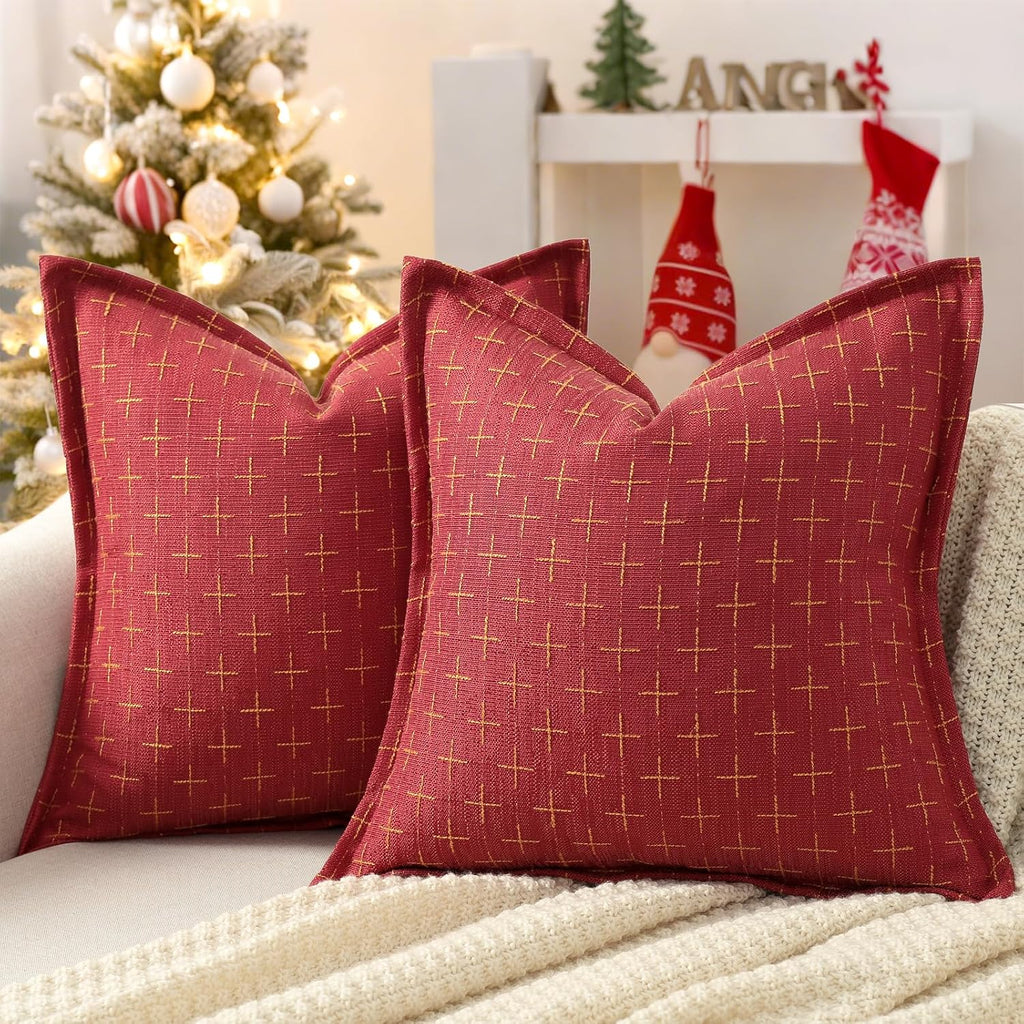 ZWJD Christmas Pillow Covers 24x24 Set of 2 Soft Polyester Textured Red Pillows with Stylish Flange