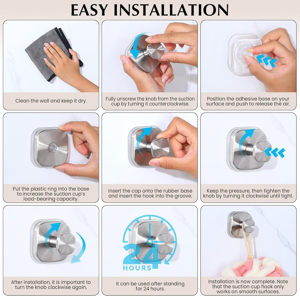 Suction Cup Hooks for Shower - Reusable No-Drill Mounting - Hooks for Towels, Robes & Loofah on