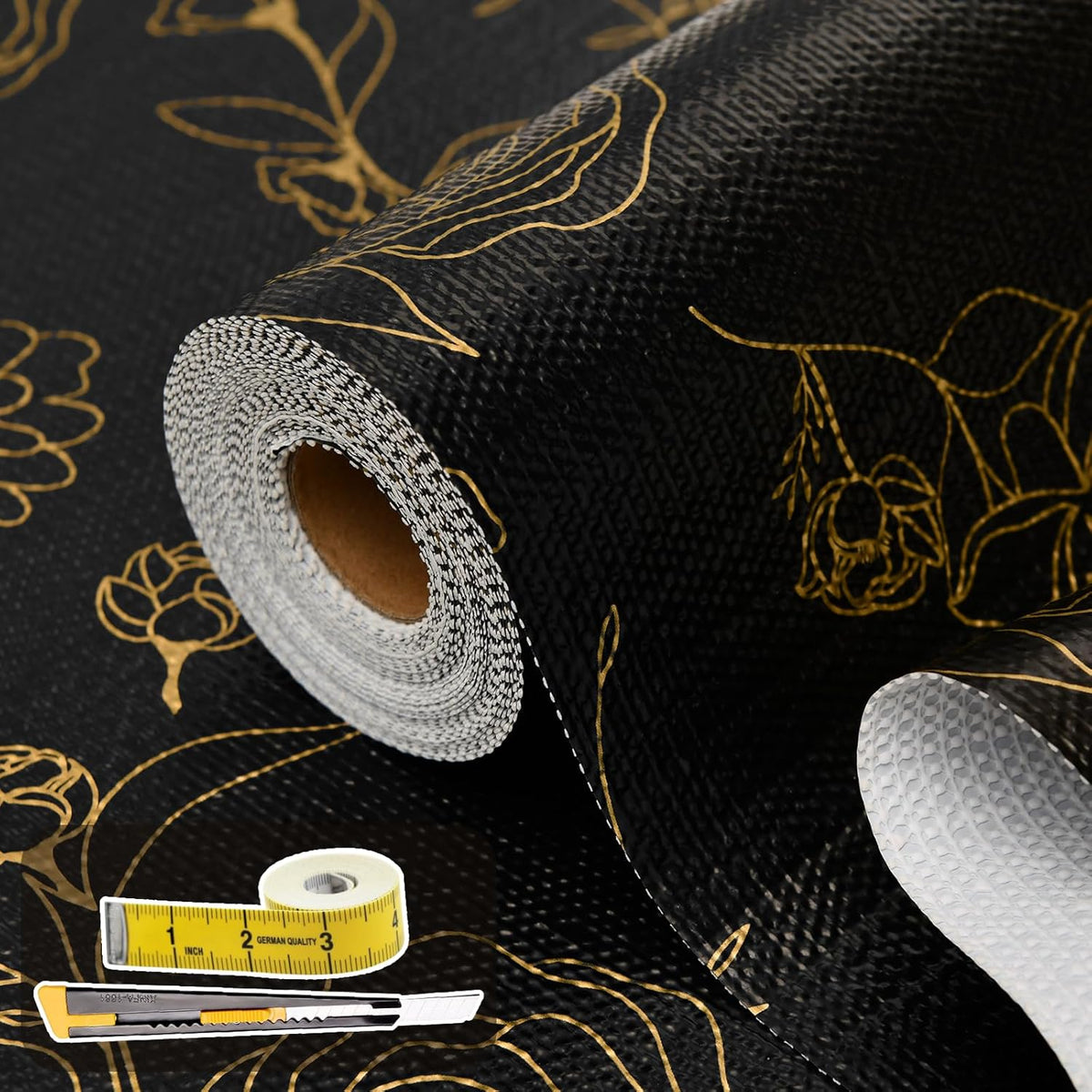 Shelf Liners for Kitchen Cabinets 12in x 30FT Non Adhesive Drawer Liner Black Floral Thickened
