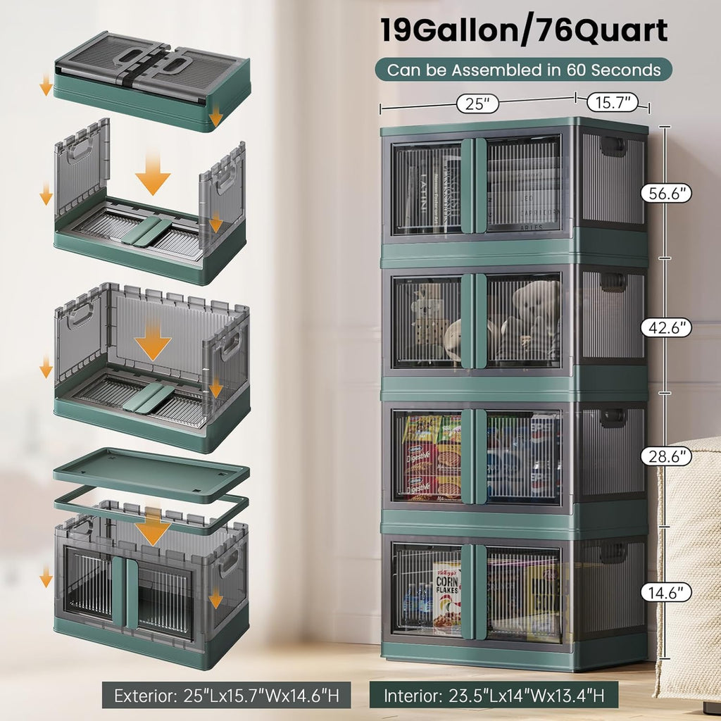 19Gal Collapsible Storage Bins with Lids & Wheels - 1 Pack Stackable with Doors, Heavy-Duty Plastic