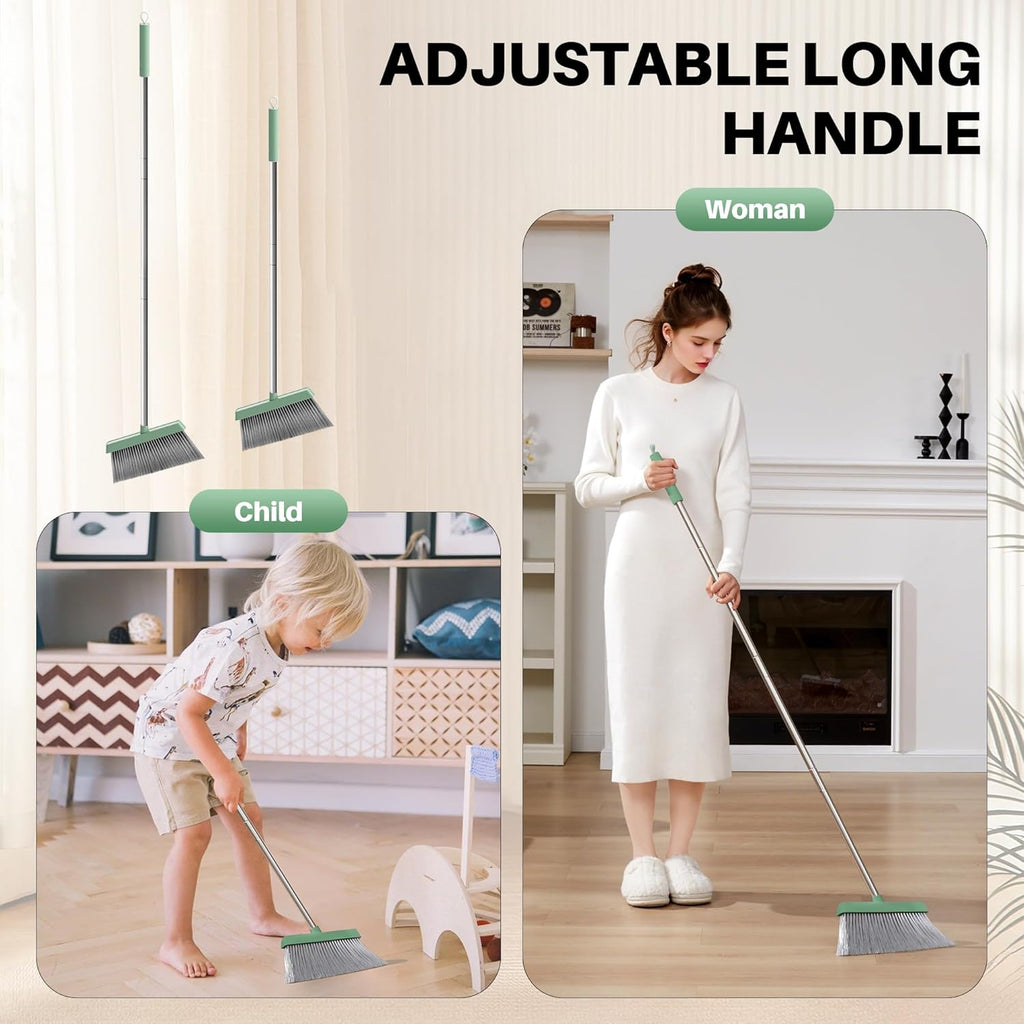 JOYMOOP Dark Teal Green Broom and Dustpan Set, Upright Angle with Built-in Comb Teeth, Ideal for