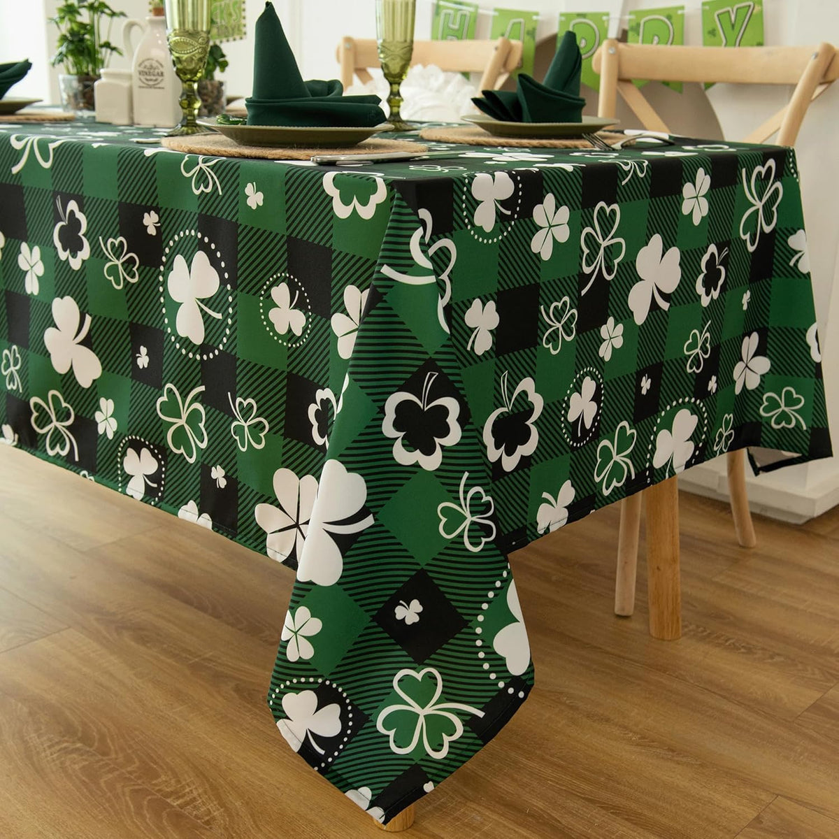 Saint Patricks Day Classic Buffalo Shamrock Tablecloth Fabric - Oblong 58x144 Inch Water Proof