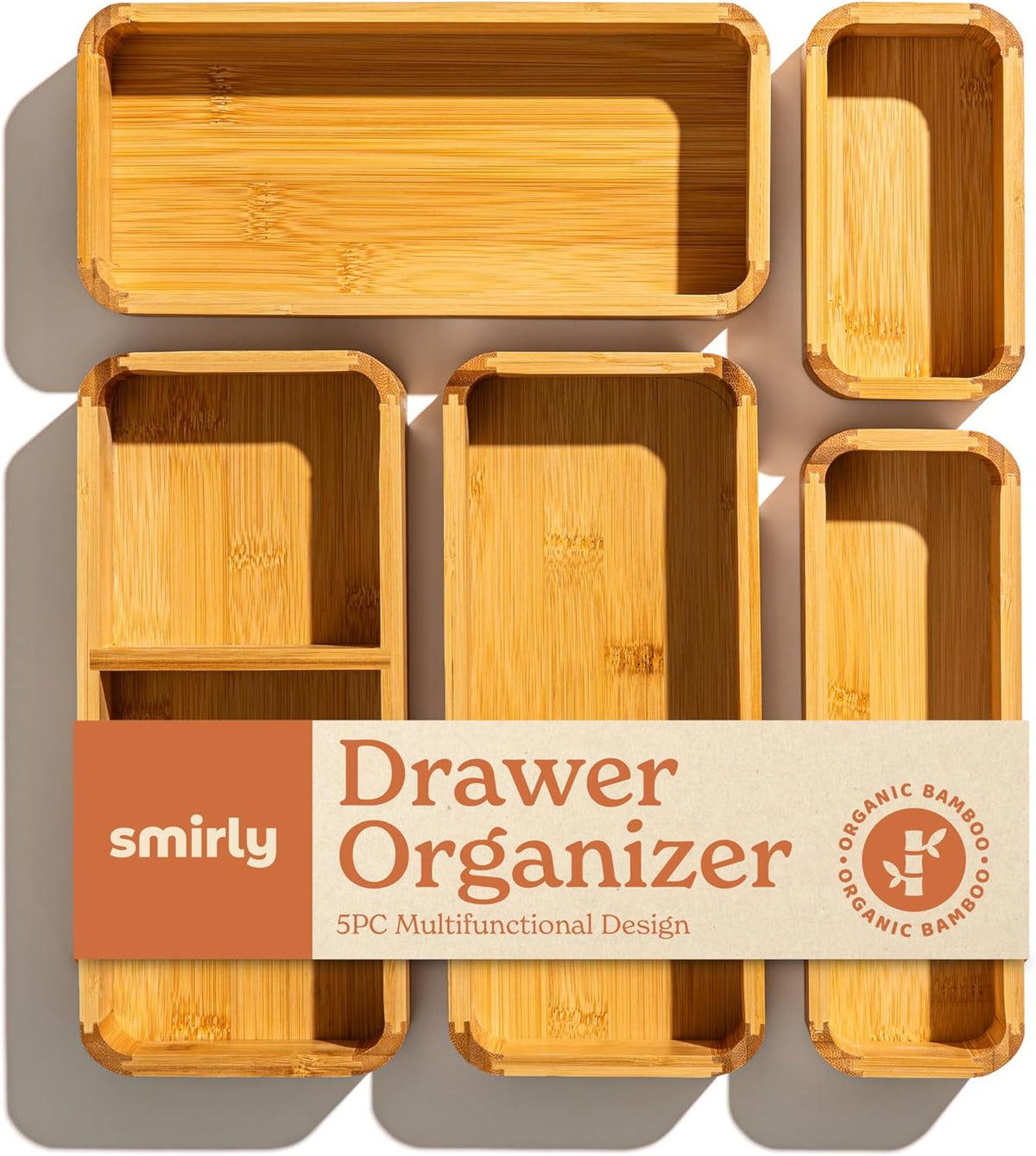SMIRLY 5-Piece Bamboo Kitchen Drawer Organizer Set for Large and Small Utensils, Multi-use Storage