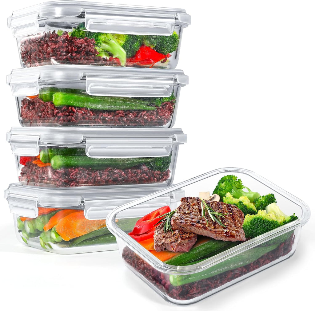 5-Pack 35 oz Borosilicate Glass Food Storage Containers with Lids, Stackable Airtight Glass Meal
