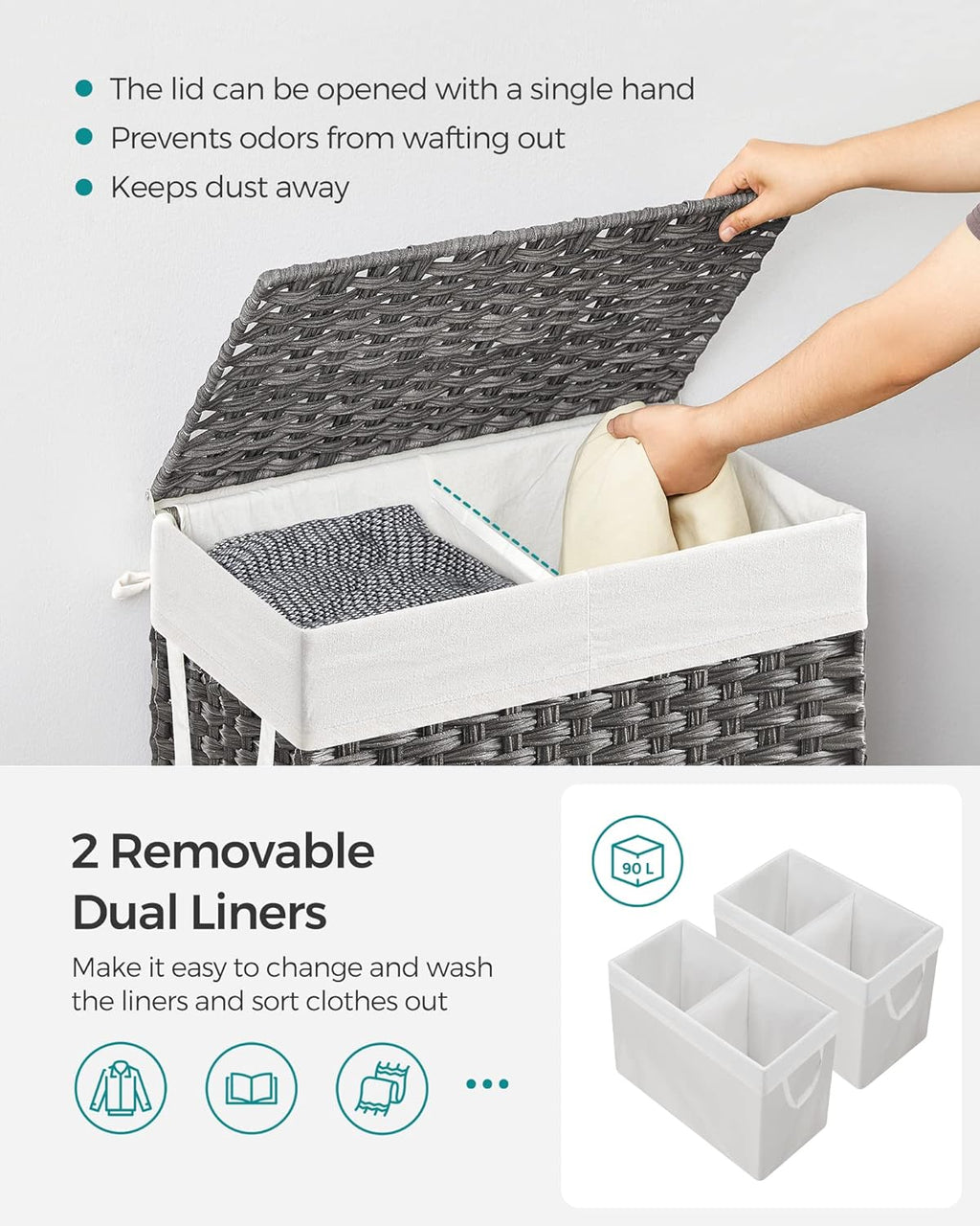 SONGMICS Laundry Hamper with Lid, 90L Clothes Hamper with 2 Removable Liner Bags, 6 Mesh Bags