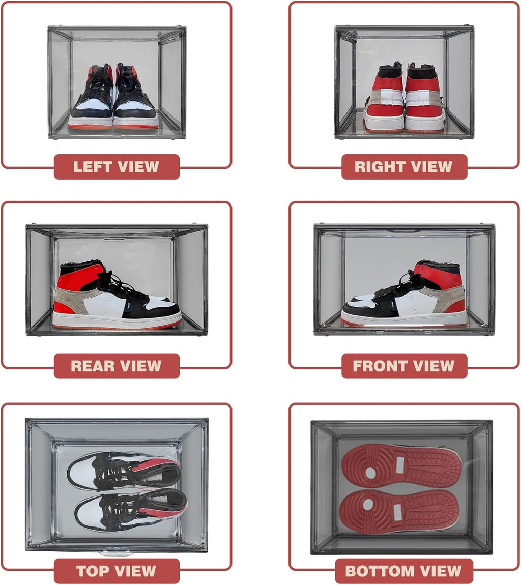 4 Pack Grey Shoe Storage Boxes Clear Plastic Stackable Shoe Display Case with Magnetic Door, Easy