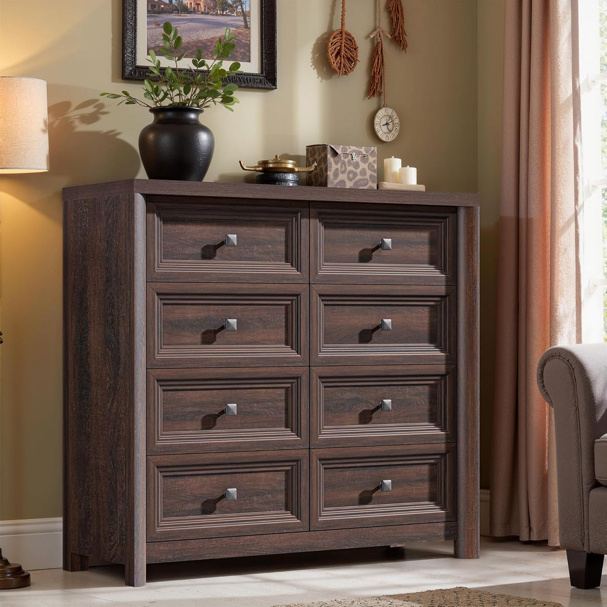 Farmhouse 8 Drawer Dresser for Bedroom, 41" Tall Wood Chest of Drawers, 43.3" Wide Dresser TV