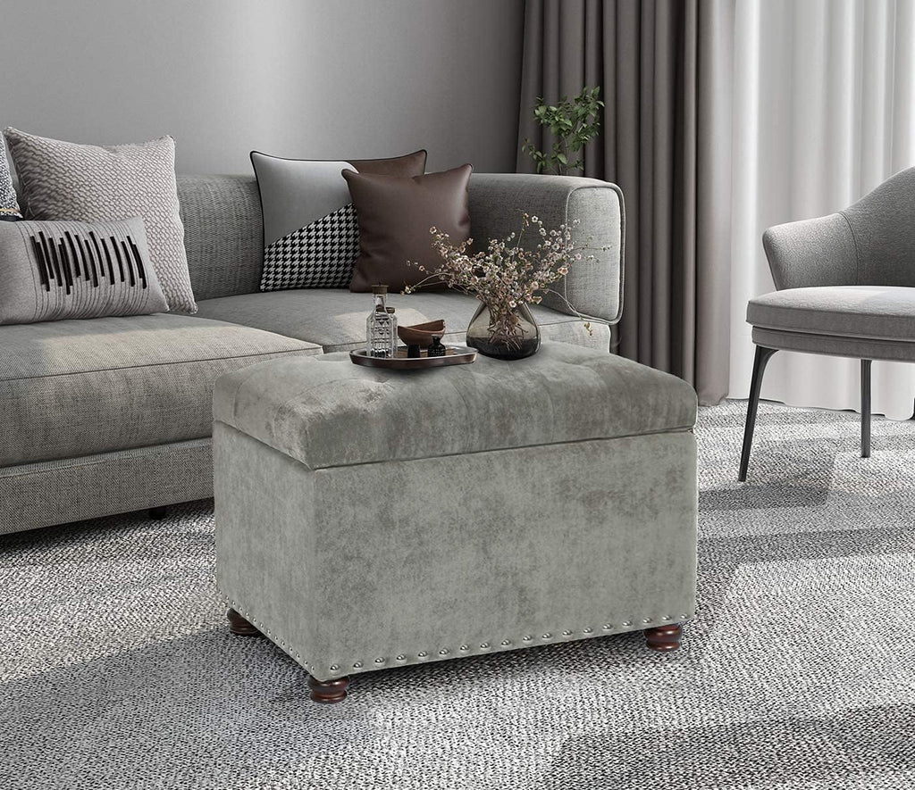 Joveco Storage Ottoman Foot Rest Stool, 24" Velvet Footstool Bench for Living Room Bedroom, Light
