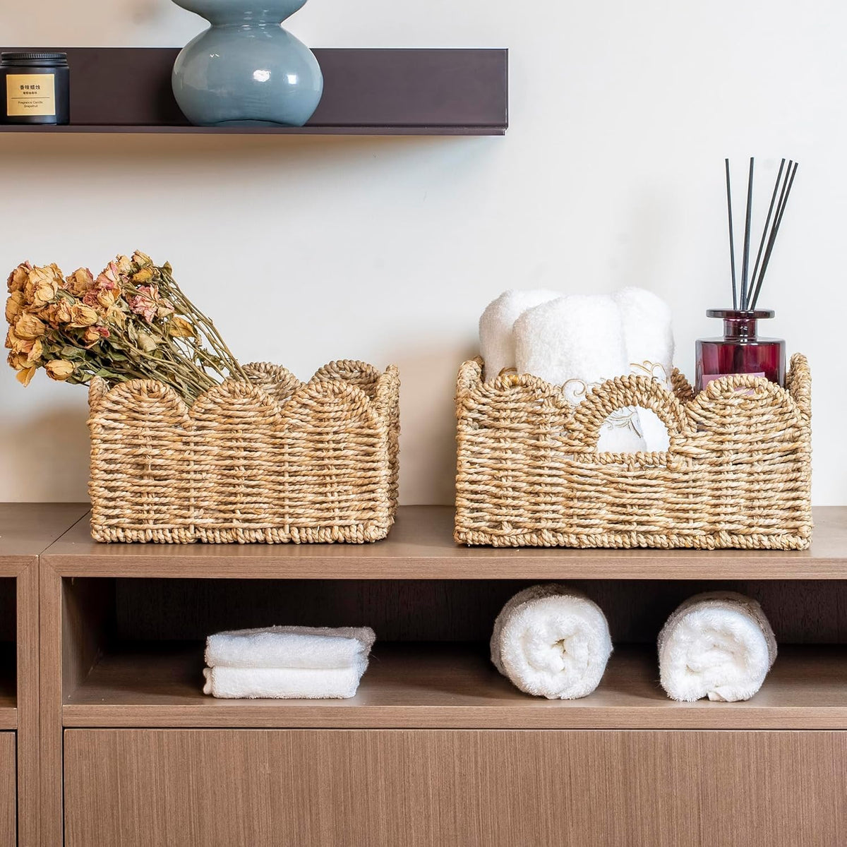 Scalloped Basket 2 Pack Wicker & Rattan Storage with Built-in Handles, Decorative Woven Seagrass