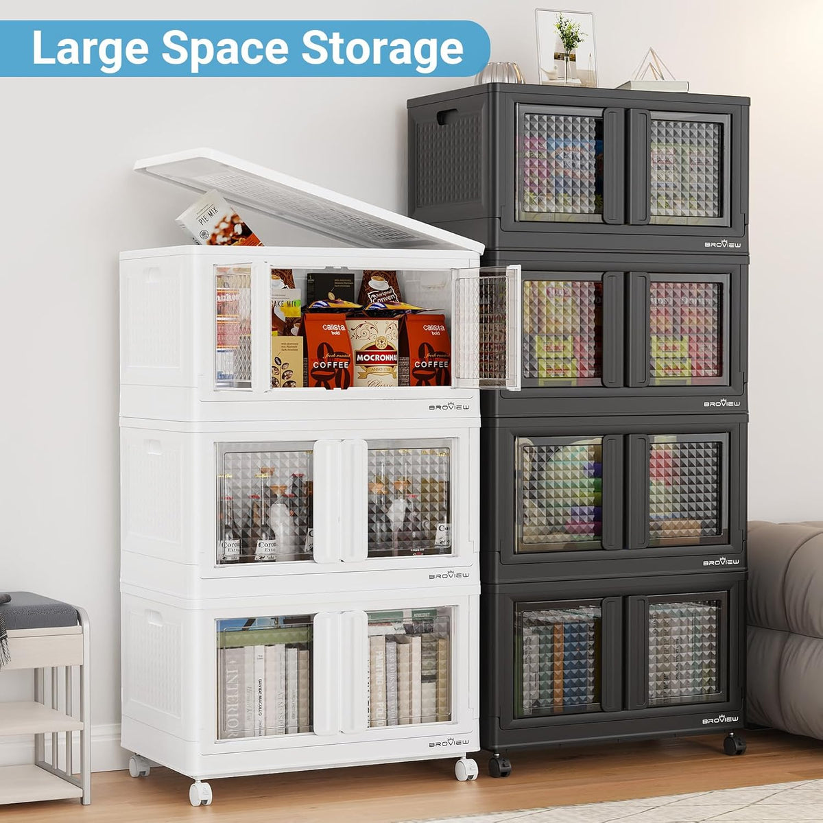BROVIEW 500 Qt Stackable Storage Bins with Lids & Doors, 5 Pack Plastic Closet Organizer and