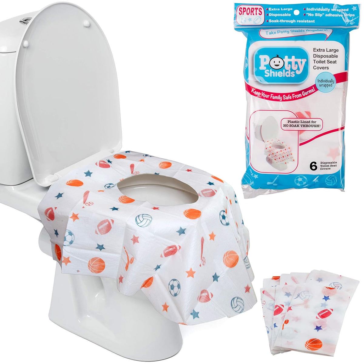 Toilet Seat Covers Disposable (6 Pack, Sports) - XL Waterproof Toilet Cover for Toddlers, Kids &