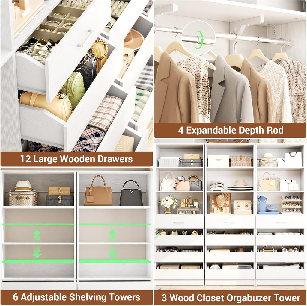 Aheaplus Closet System Set of 3, 138.5" Wood Closet Organizer System Tower with 12 Drawers & 4
