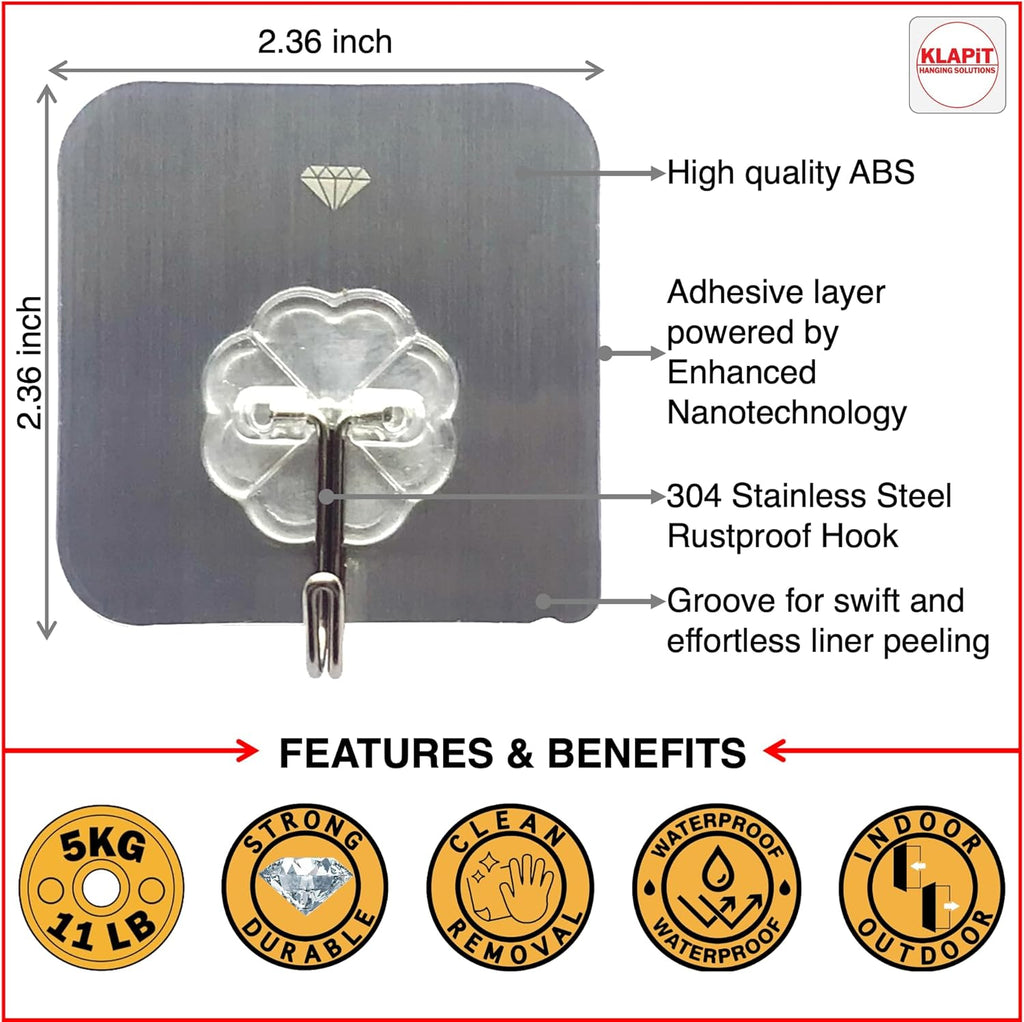 KLAPiT Super Hook - Heavy-Duty Adhesive Wall Hooks, Holds Up to 11 lbs, Waterproof, No Damage, Easy
