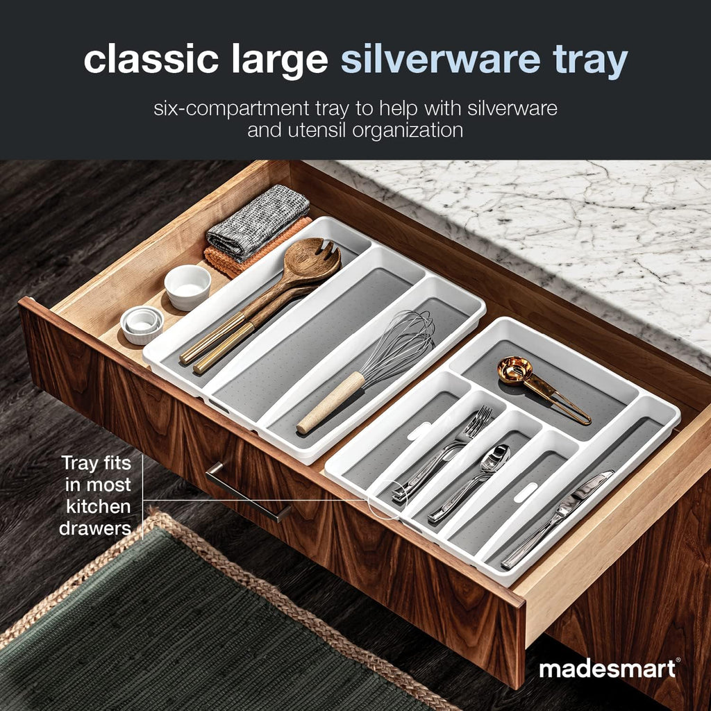 madesmart Classic Large Silverware Tray - White |CLASSIC COLLECTION | 6-Compartments| Kitchen