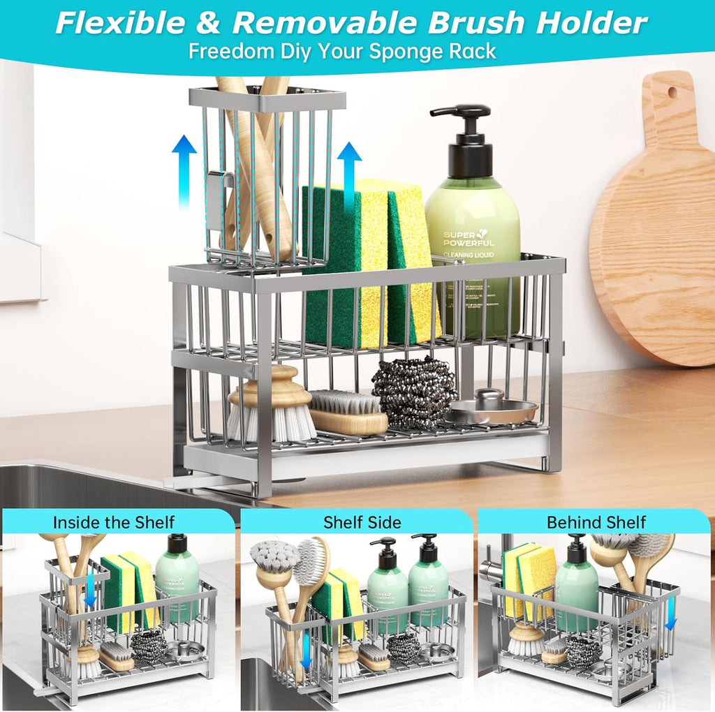Sponge Holder for Kitchen Sink, 2 Tier Sink Caddy Organizer Countertop with Dish Brush Holder and