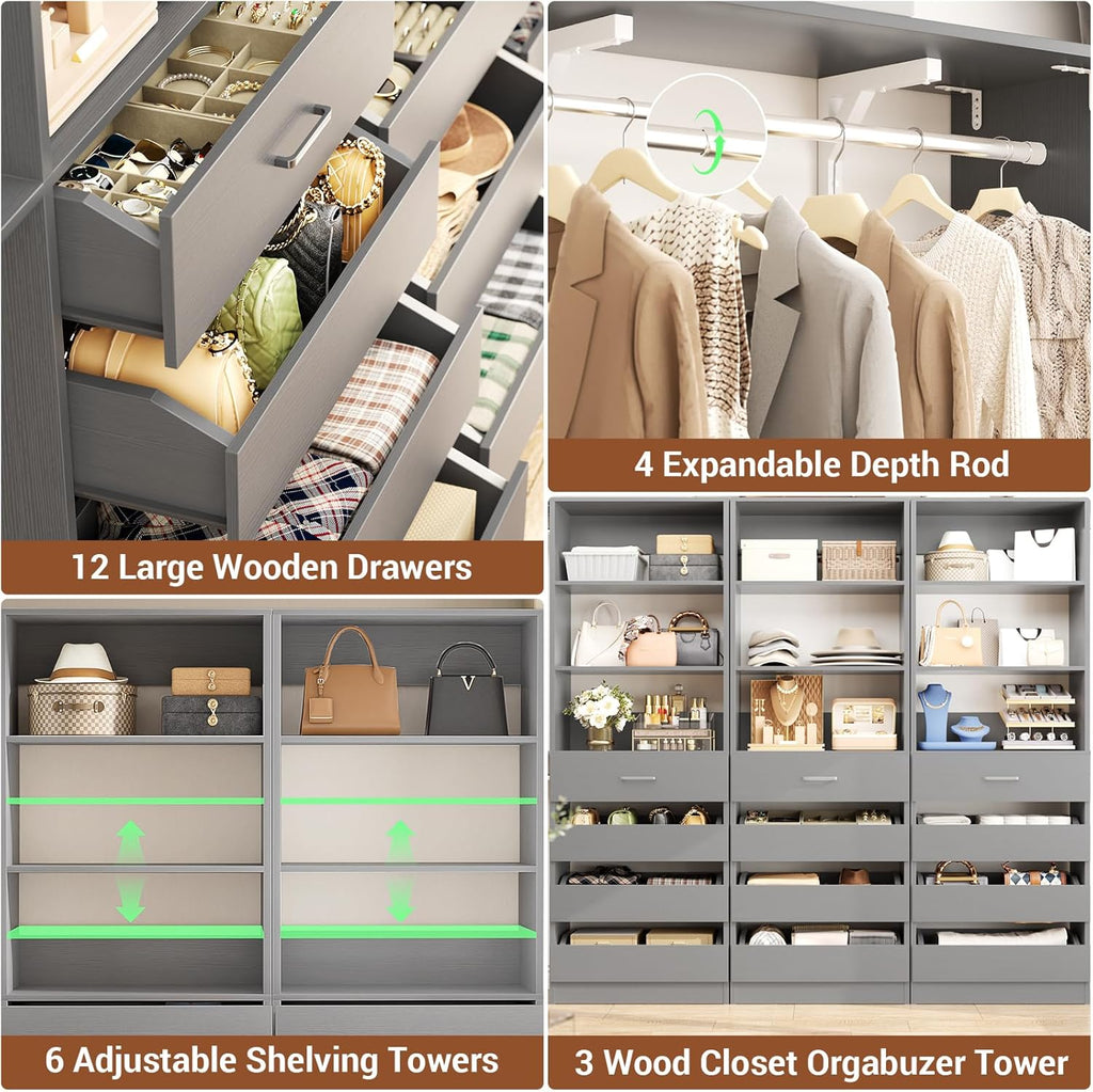Aheaplus Closet System Set of 3, 138.5" Wood Closet Organizer System Tower with 12 Drawers & 4