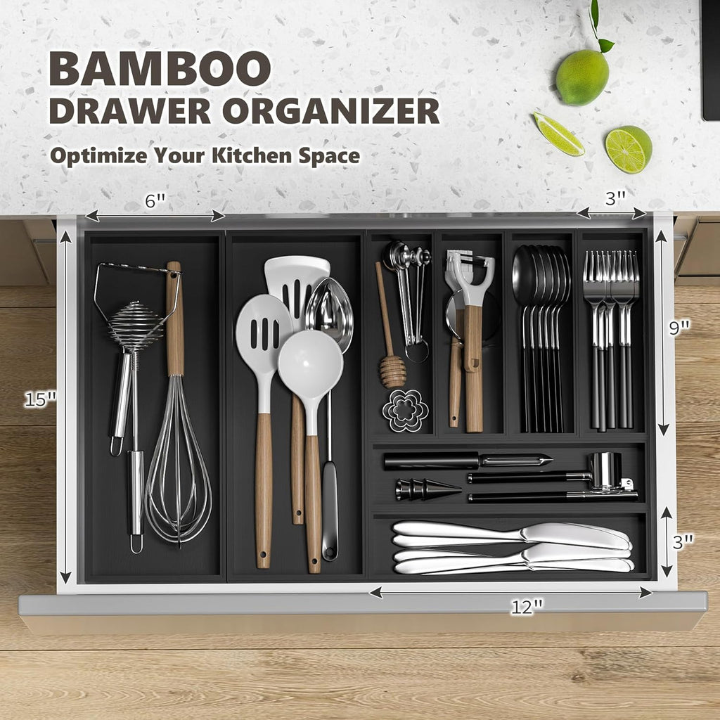 Kitchen Drawer Organizer Tray, Stackable Black Bamboo Drawer Organizer for Large Silverware